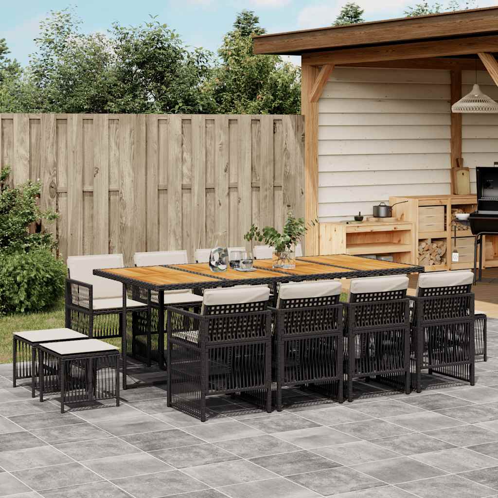 13 Piece Garden Dining Set with Cushions Black Poly Rattan