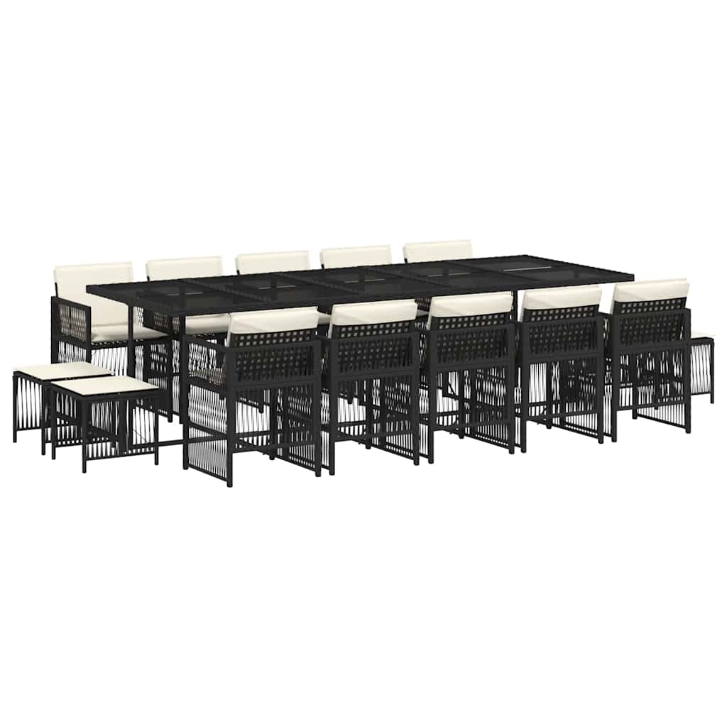 15 Piece Garden Dining Set with Cushions Black Poly Rattan
