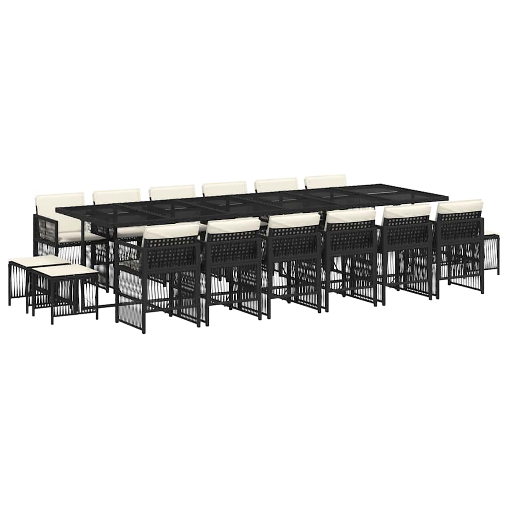 17 Piece Garden Dining Set with Cushions Black Poly Rattan