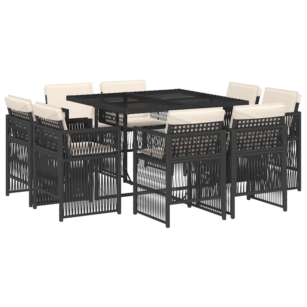 9 Piece Garden Dining Set with Cushions Black Poly Rattan