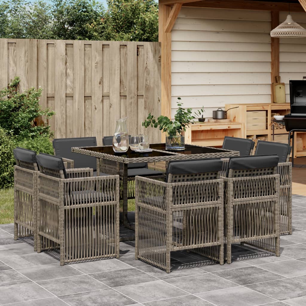 9 Piece Garden Dining Set with Cushions Grey Poly Rattan