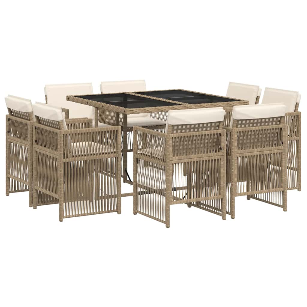 9 Piece Garden Dining Set with Cushions Beige Poly Rattan