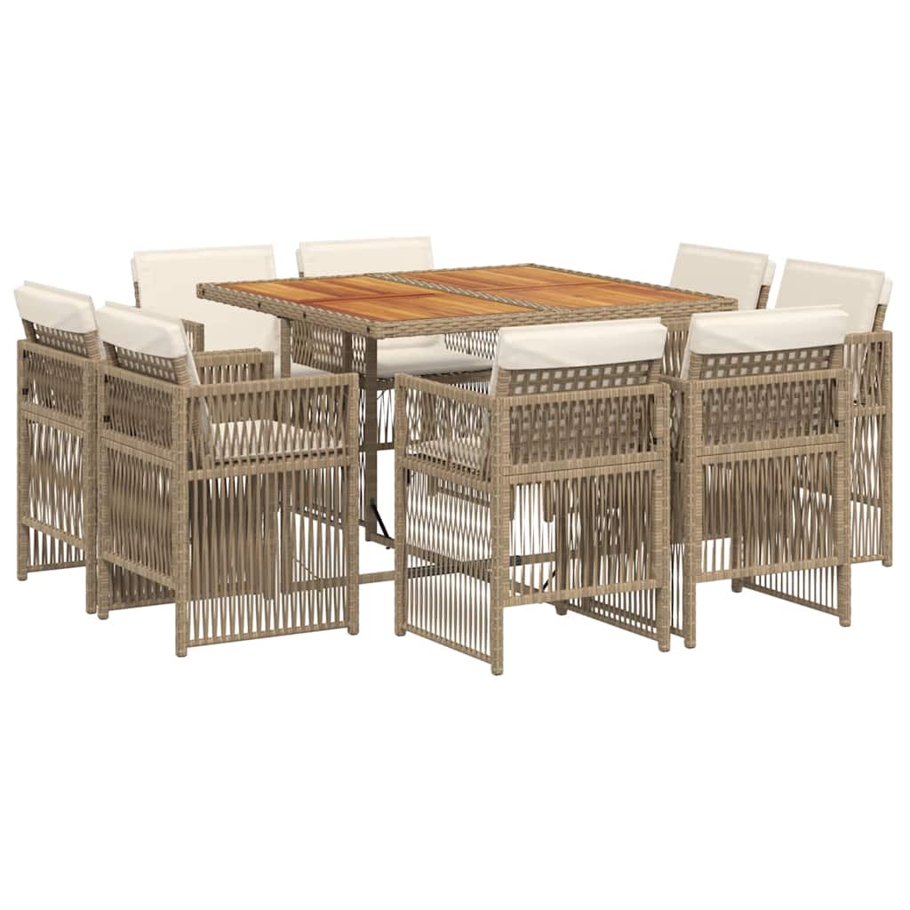9 Piece Garden Dining Set with Cushions Beige Poly Rattan