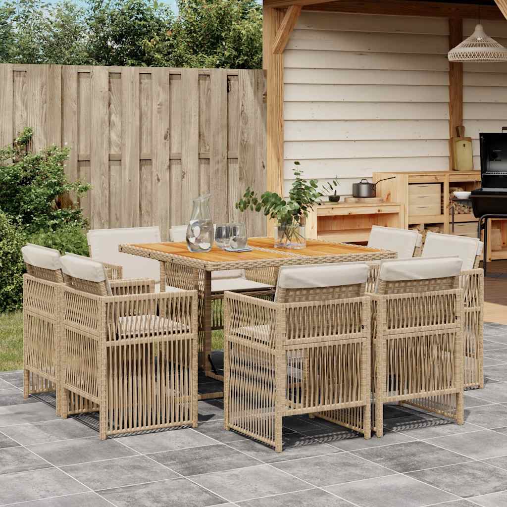 9 Piece Garden Dining Set with Cushions Beige Poly Rattan