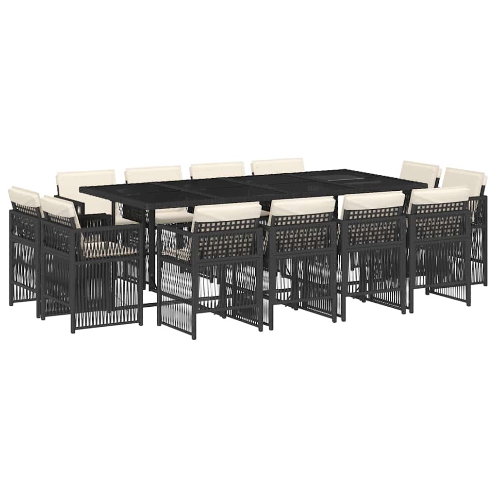 13 Piece Garden Dining Set with Cushions Black Poly Rattan