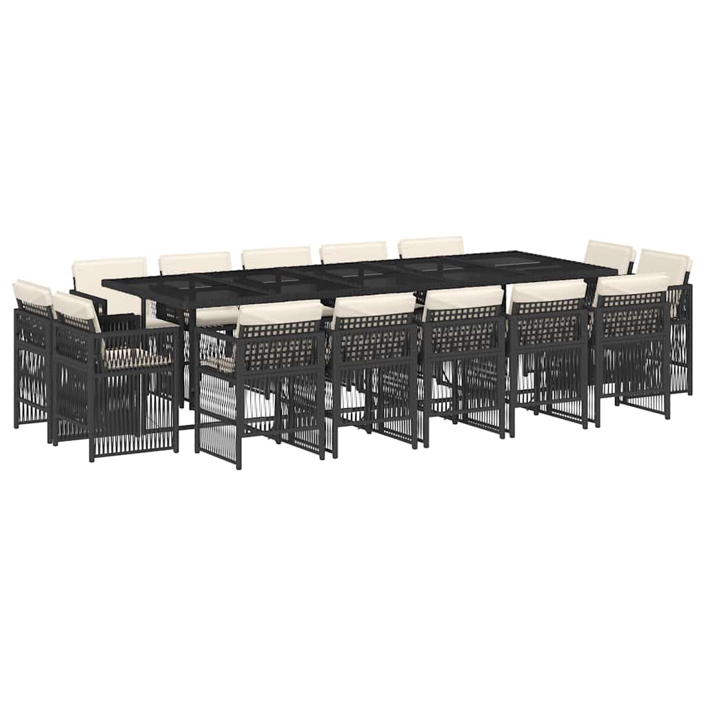 15 Piece Garden Dining Set with Cushions Black Poly Rattan