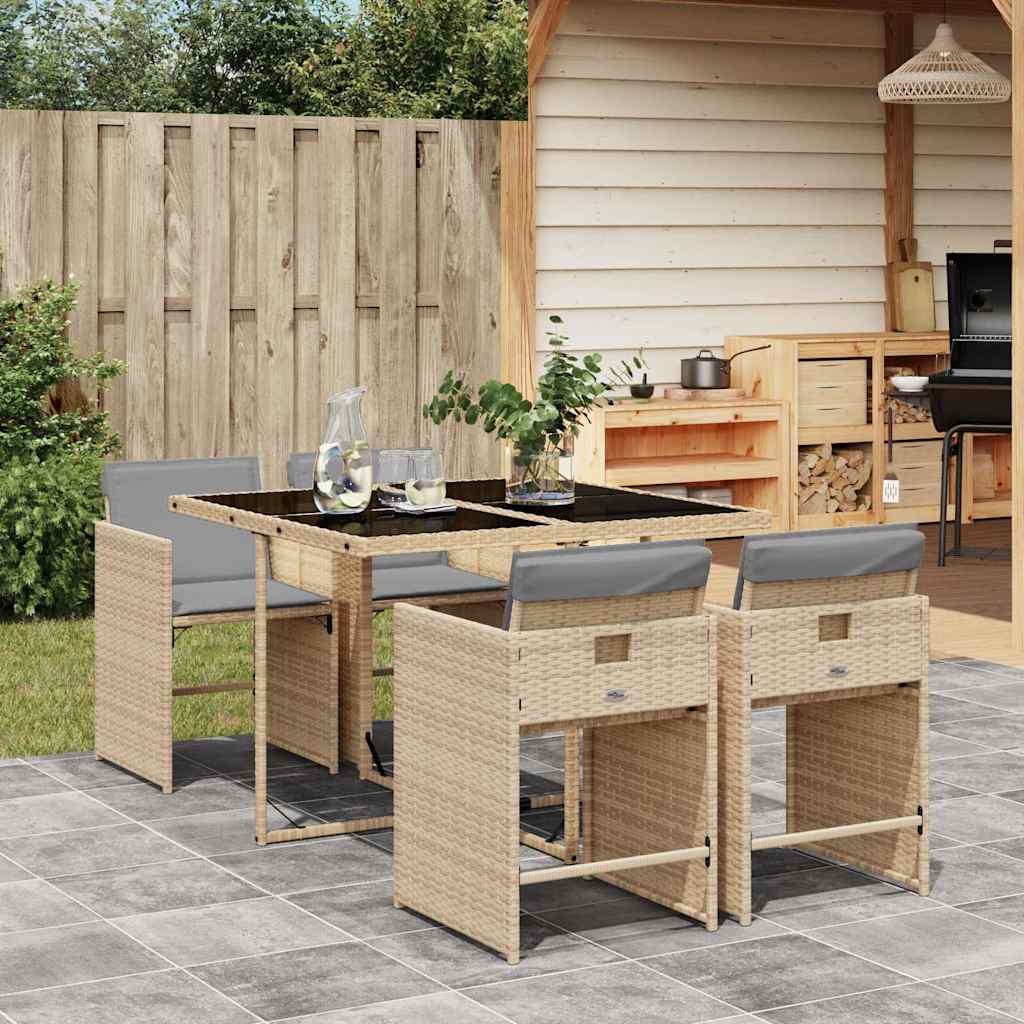 5 Piece Garden Dining Set with Cushions Mix Beige Poly Rattan