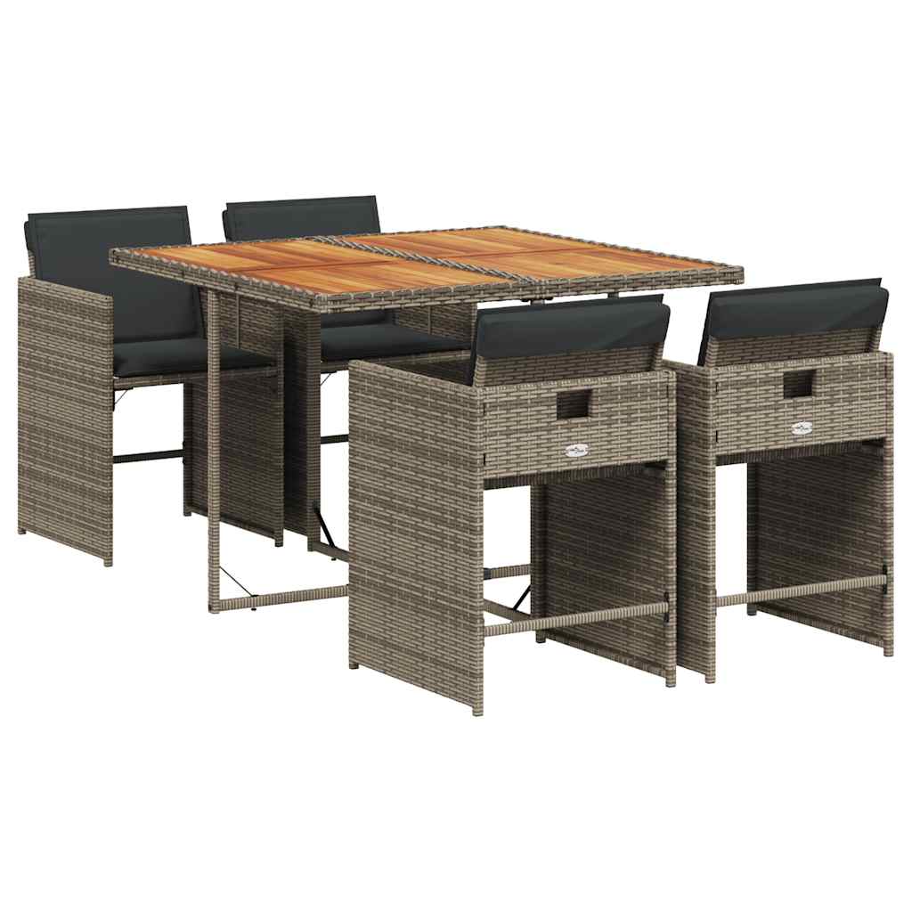 5 Piece Garden Dining Set with Cushions Grey Poly Rattan