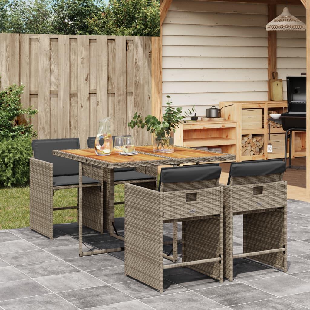5 Piece Garden Dining Set with Cushions Grey Poly Rattan