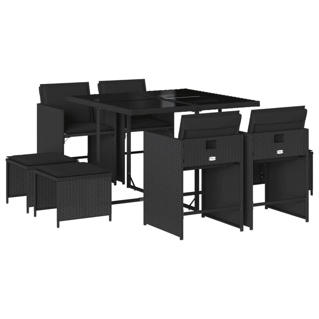 9 Piece Garden Dining Set with Cushions Black Poly Rattan
