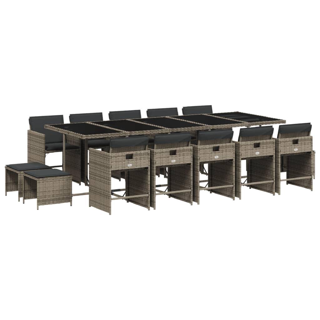 15 Piece Garden Dining Set with Cushions Grey Poly Rattan