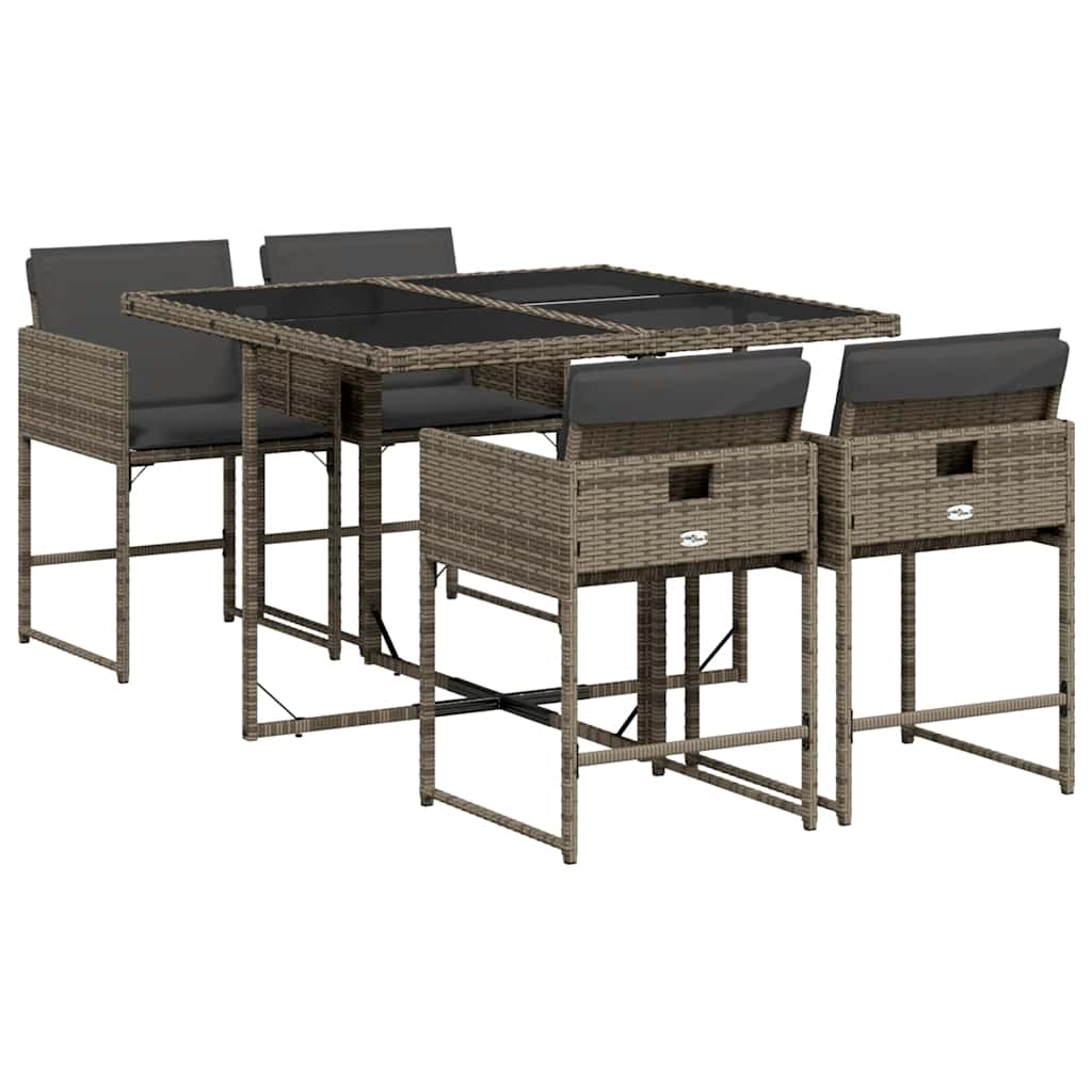 5 Piece Garden Dining Set with Cushions Grey Poly Rattan