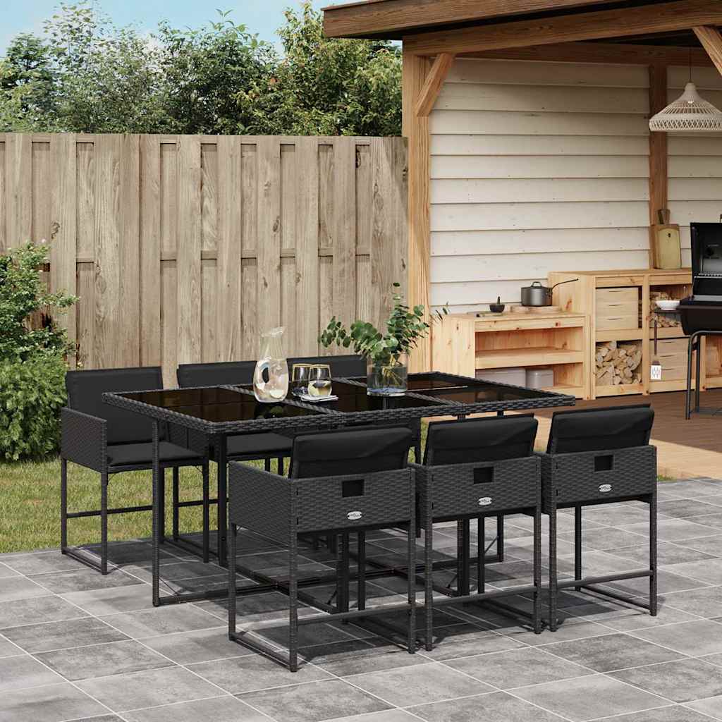 7 Piece Garden Dining Set with Cushions Black Poly Rattan