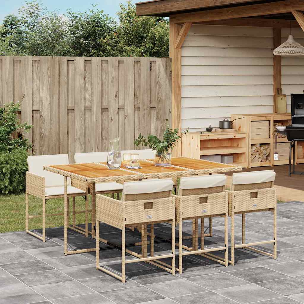 7 Piece Garden Dining Set with Cushions Beige Poly Rattan