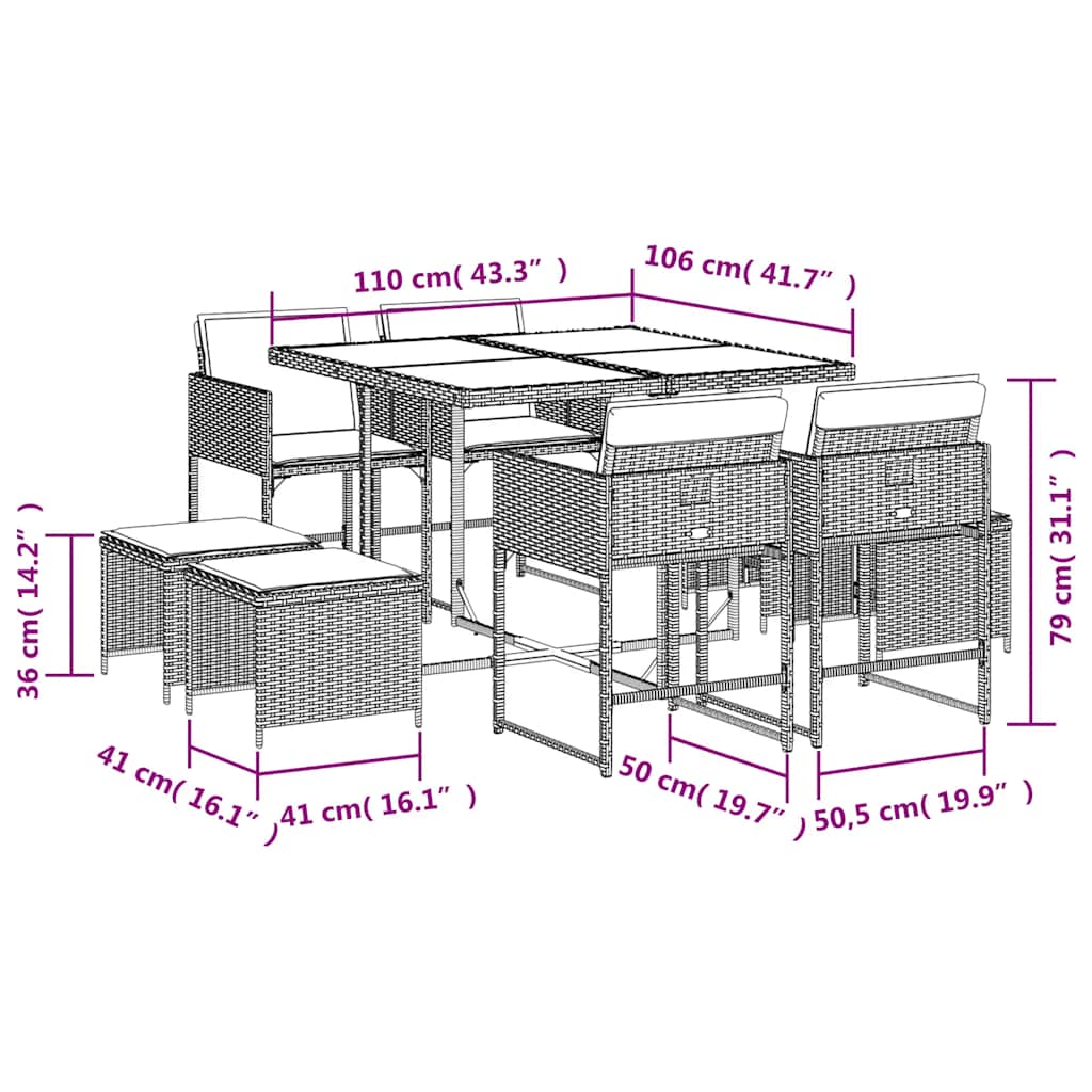 9 Piece Garden Dining Set with Cushions Black Poly Rattan