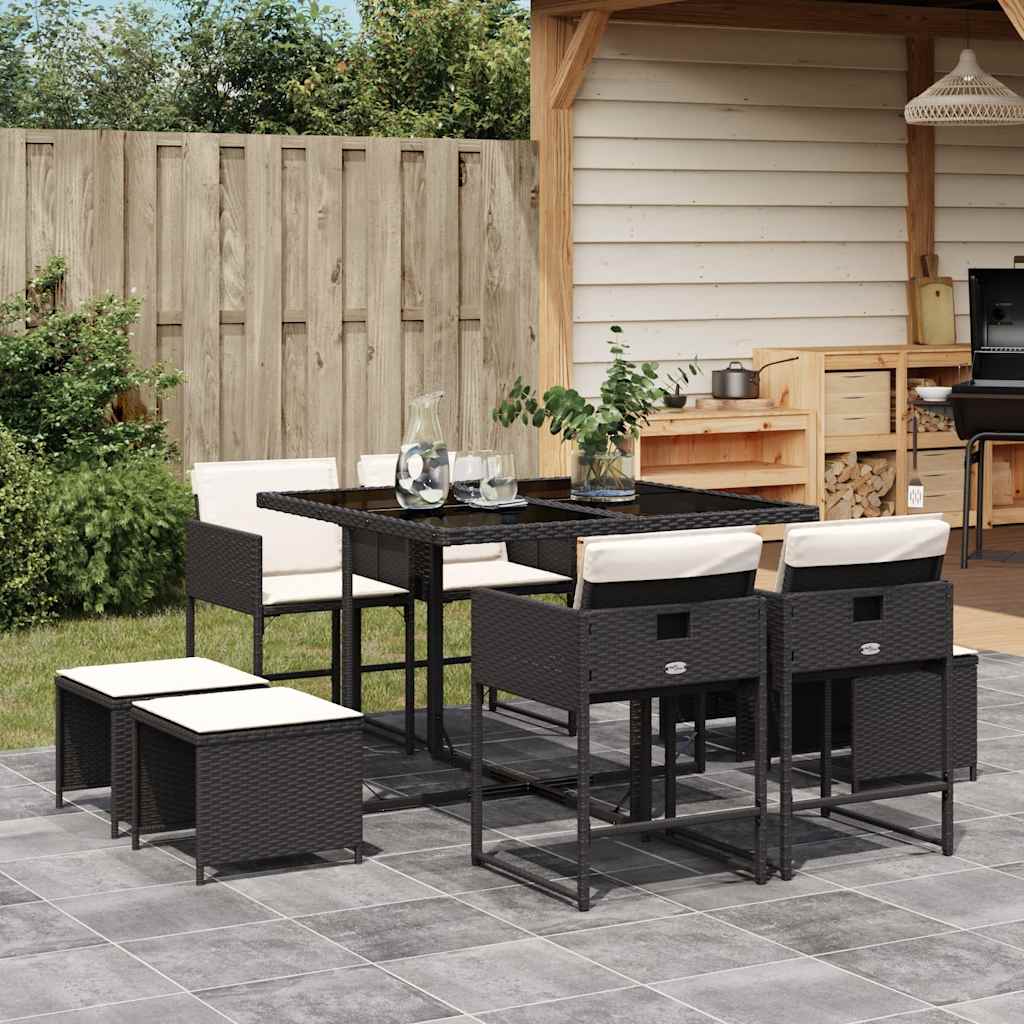 9 Piece Garden Dining Set with Cushions Black Poly Rattan