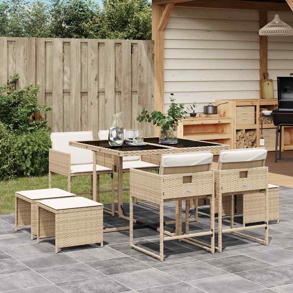 9 Piece Garden Dining Set with Cushions Beige Poly Rattan