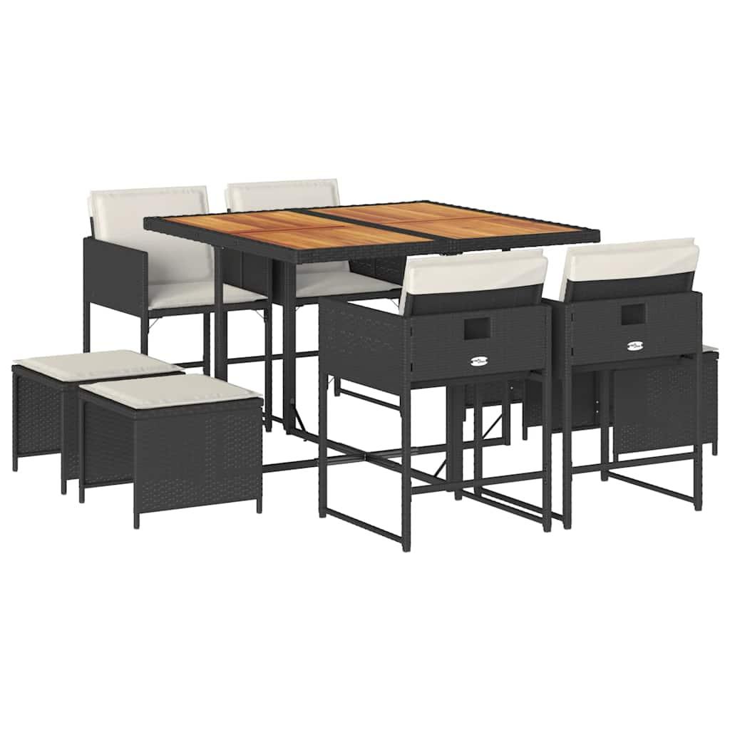 9 Piece Garden Dining Set with Cushions Black Poly Rattan