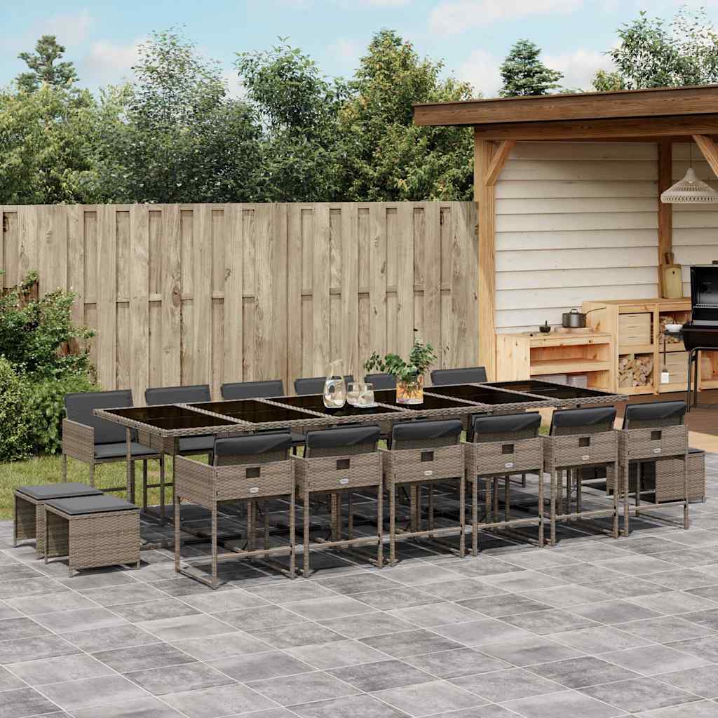 17 Piece Garden Dining Set with Cushions Grey Poly Rattan