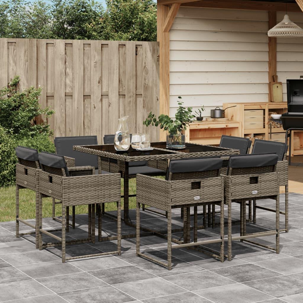 9 Piece Garden Dining Set with Cushions Grey Poly Rattan
