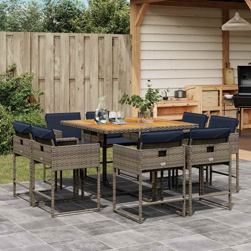 9 Piece Garden Dining Set with Cushions Grey Poly Rattan