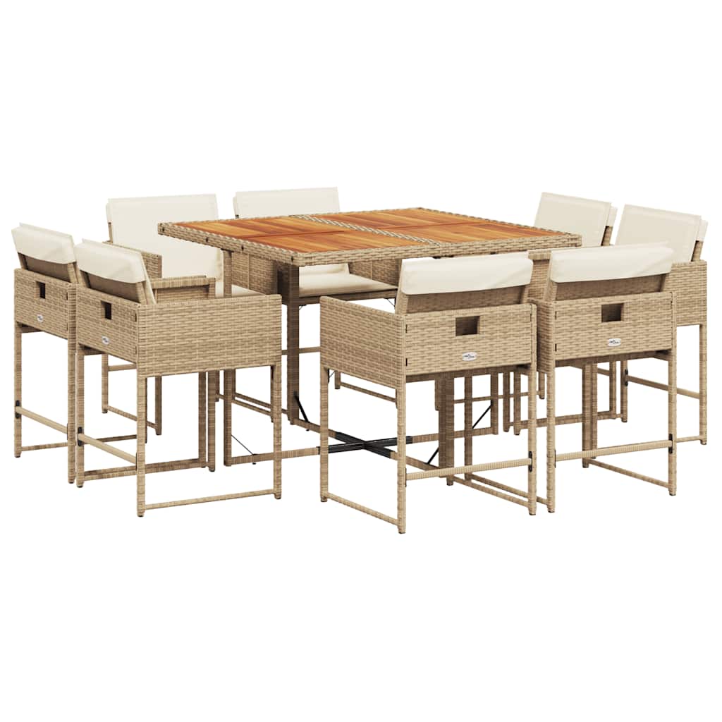 9 Piece Garden Dining Set with Cushions Beige Poly Rattan
