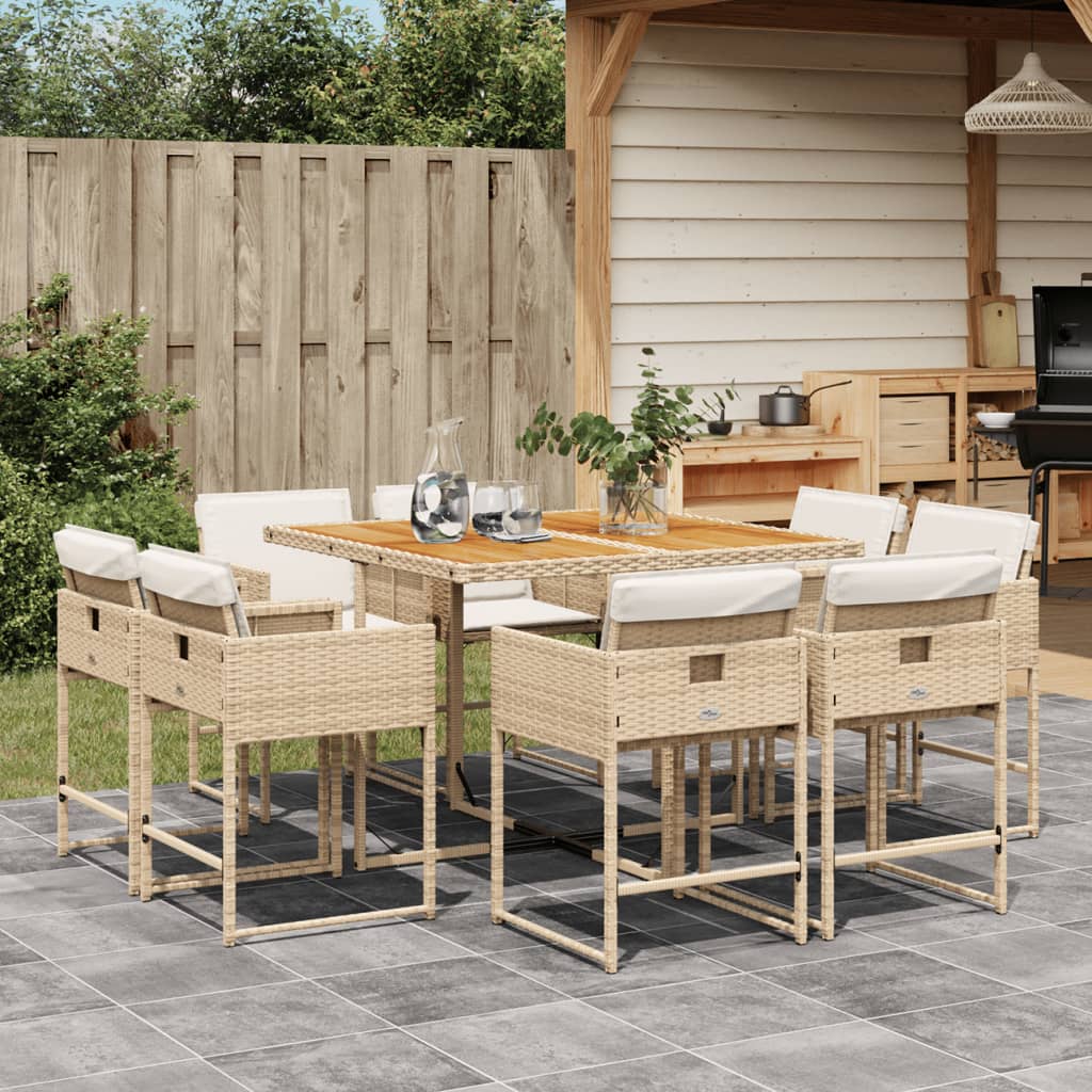 9 Piece Garden Dining Set with Cushions Beige Poly Rattan