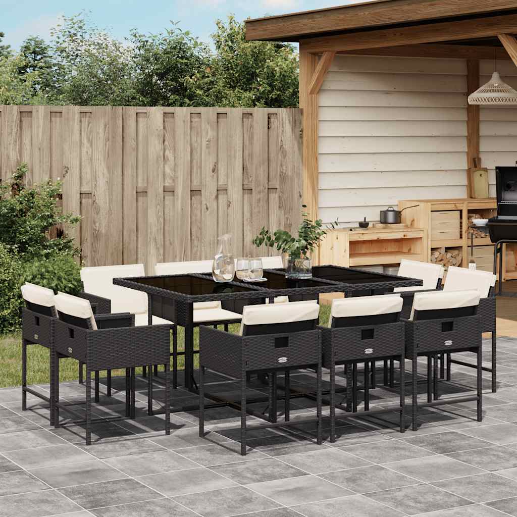 11 Piece Garden Dining Set with Cushions Black Poly Rattan