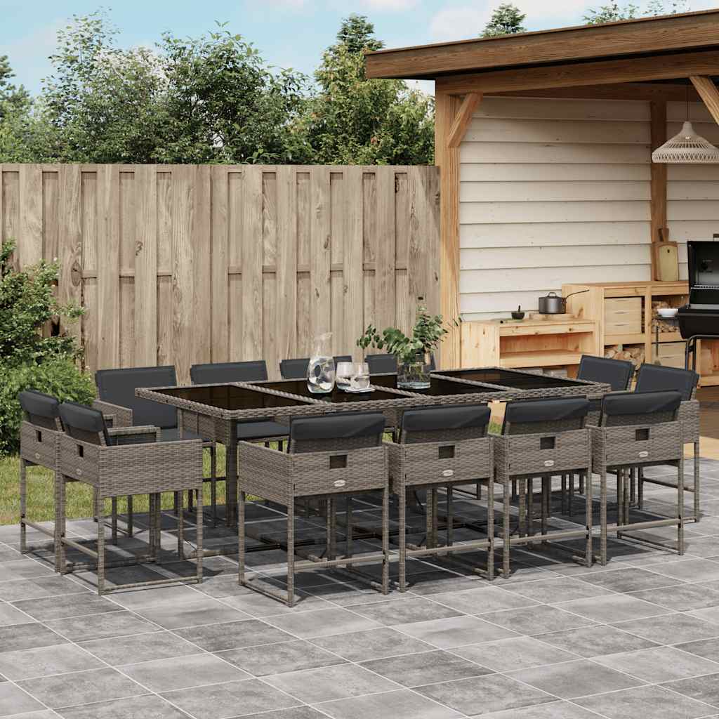 13 Piece Garden Dining Set with Cushions Grey Poly Rattan