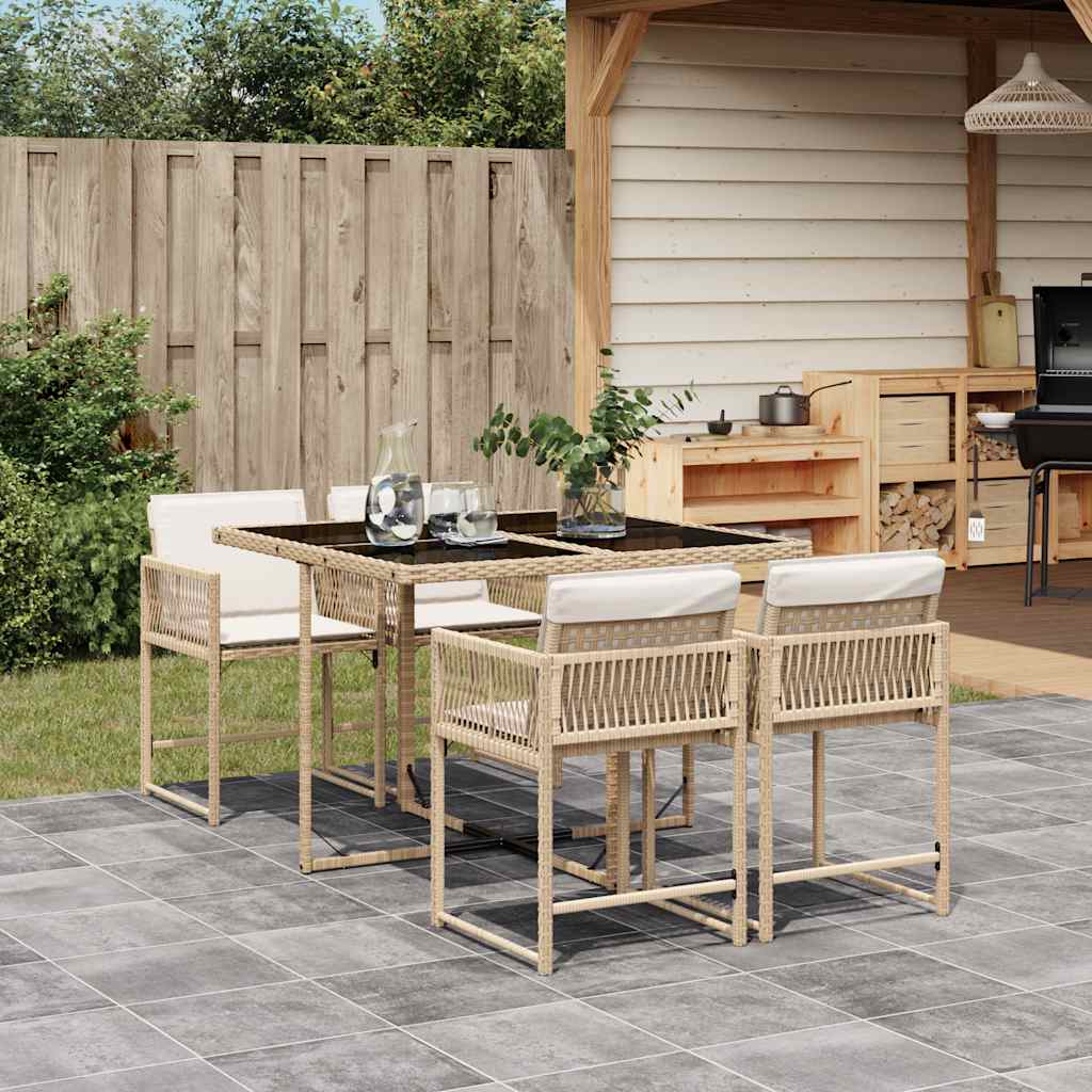 5 Piece Garden Dining Set with Cushions Beige Poly Rattan