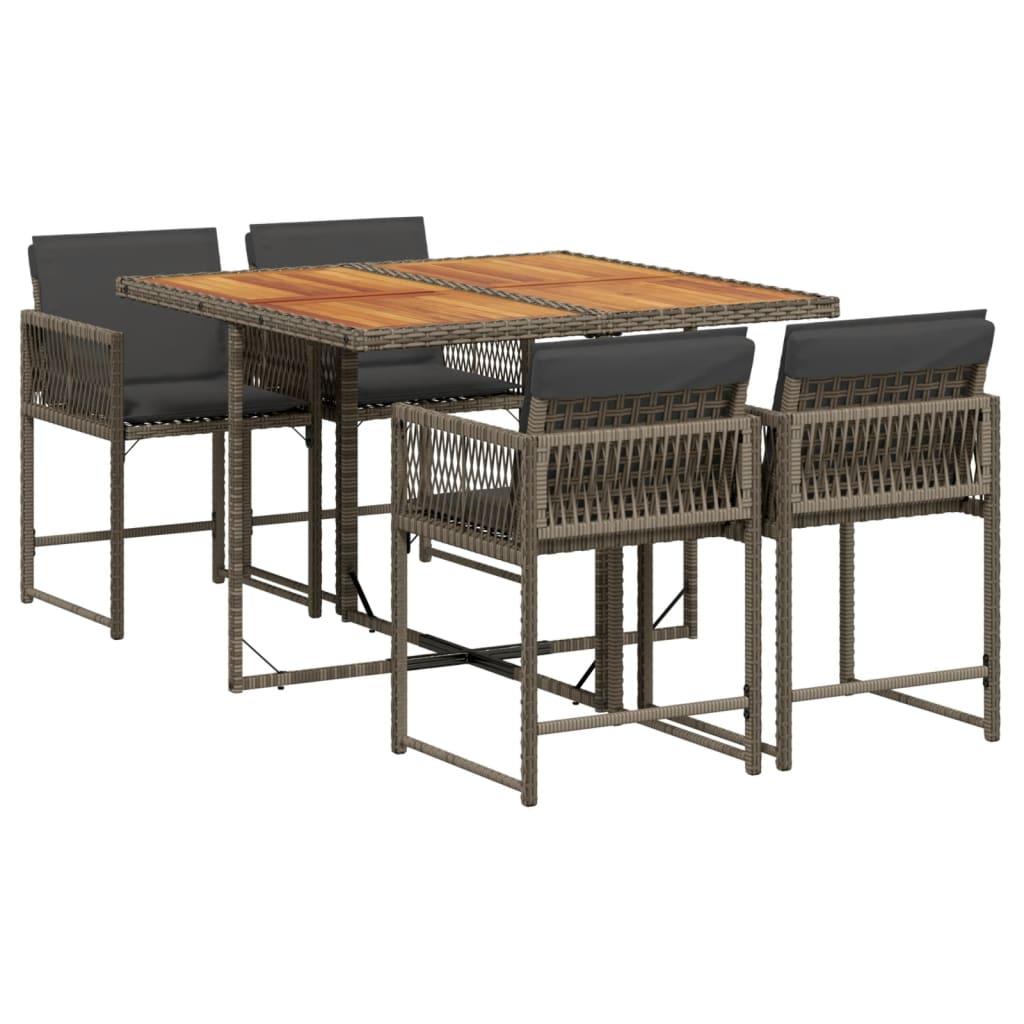 5 Piece Garden Dining Set with Cushions Grey Poly Rattan