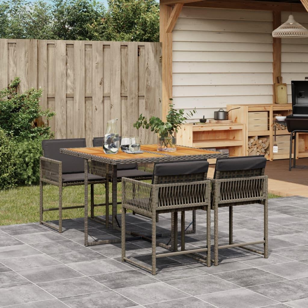 5 Piece Garden Dining Set with Cushions Grey Poly Rattan