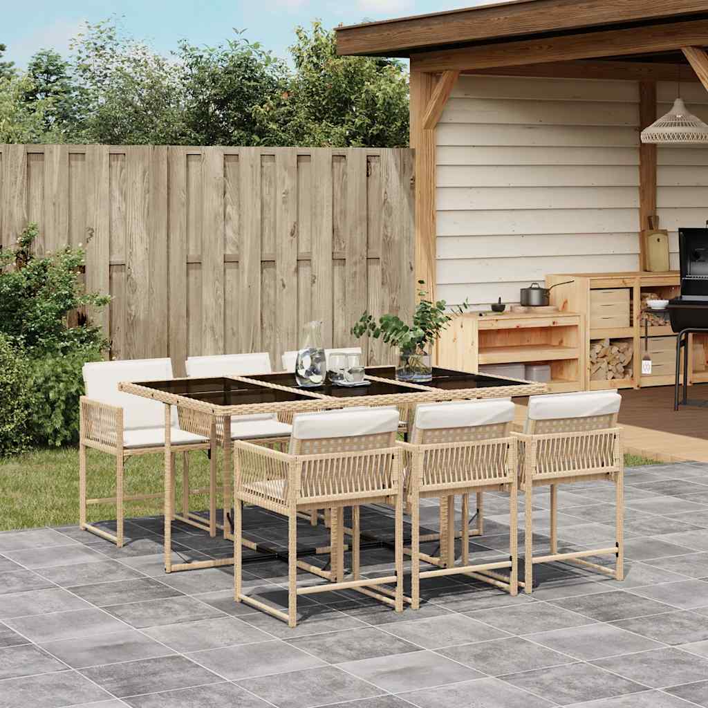 7 Piece Garden Dining Set with Cushions Beige Poly Rattan
