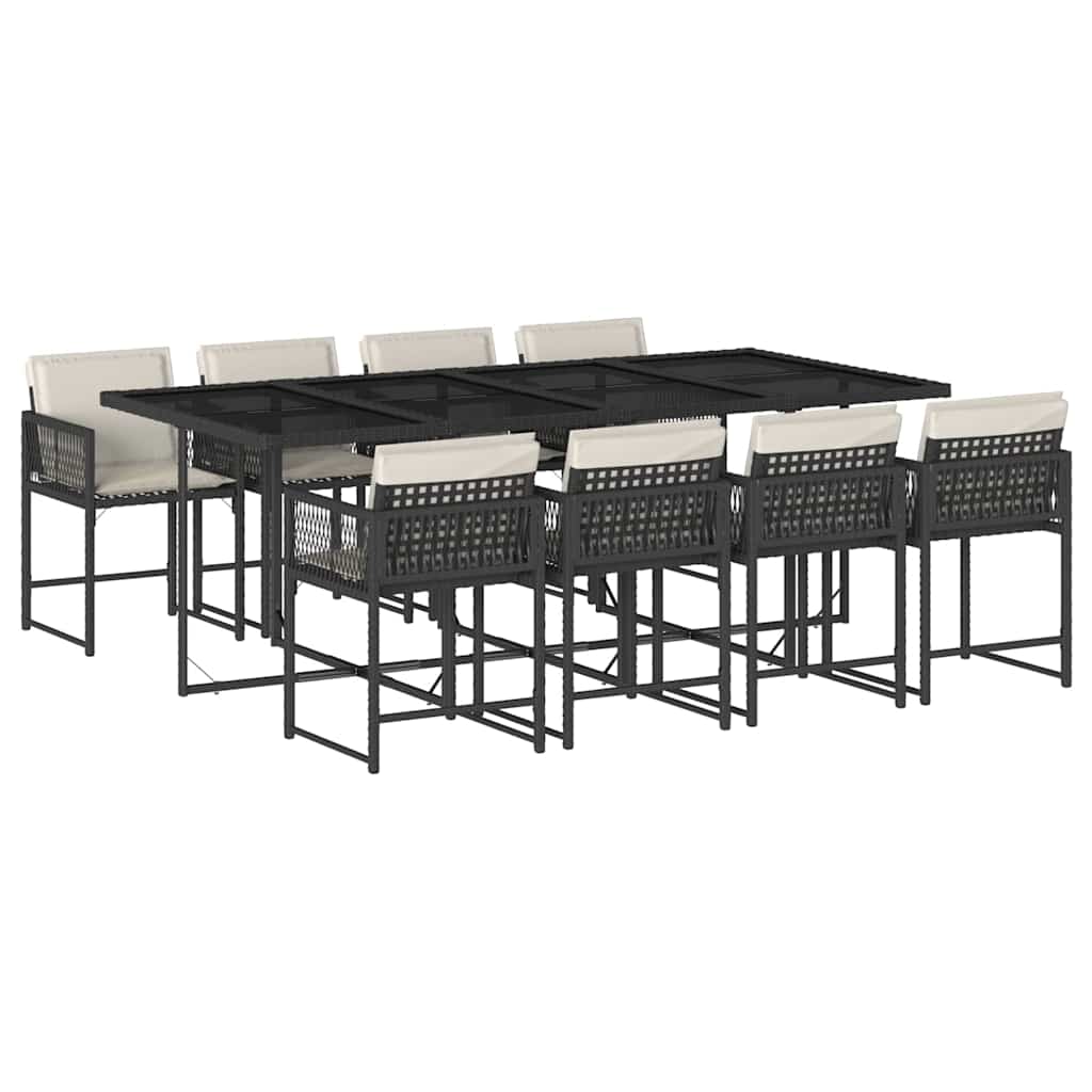 9 Piece Garden Dining Set with Cushions Black Poly Rattan