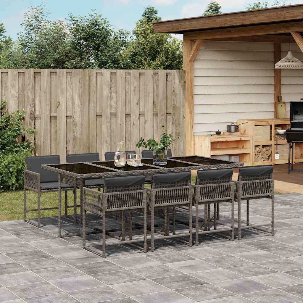 9 Piece Garden Dining Set with Cushions Grey Poly Rattan