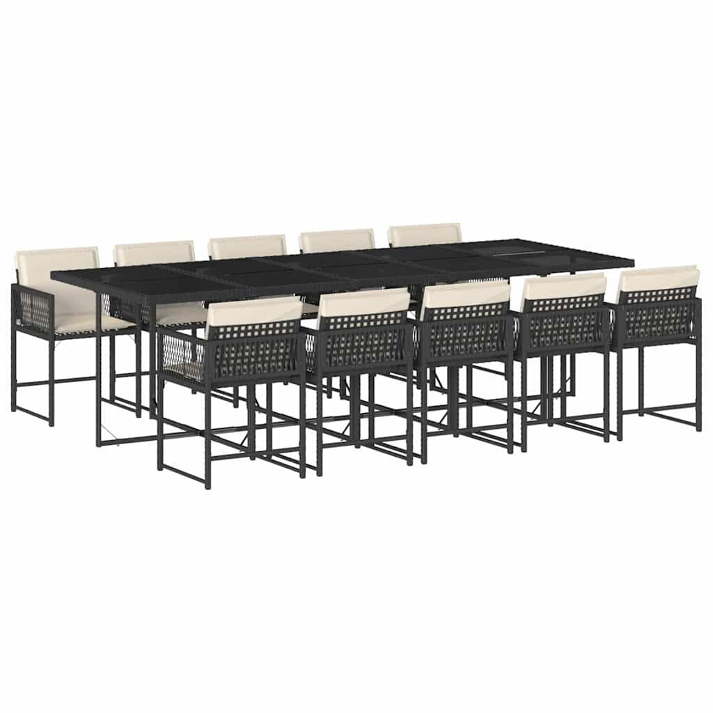 11 Piece Garden Dining Set with Cushions Black Poly Rattan