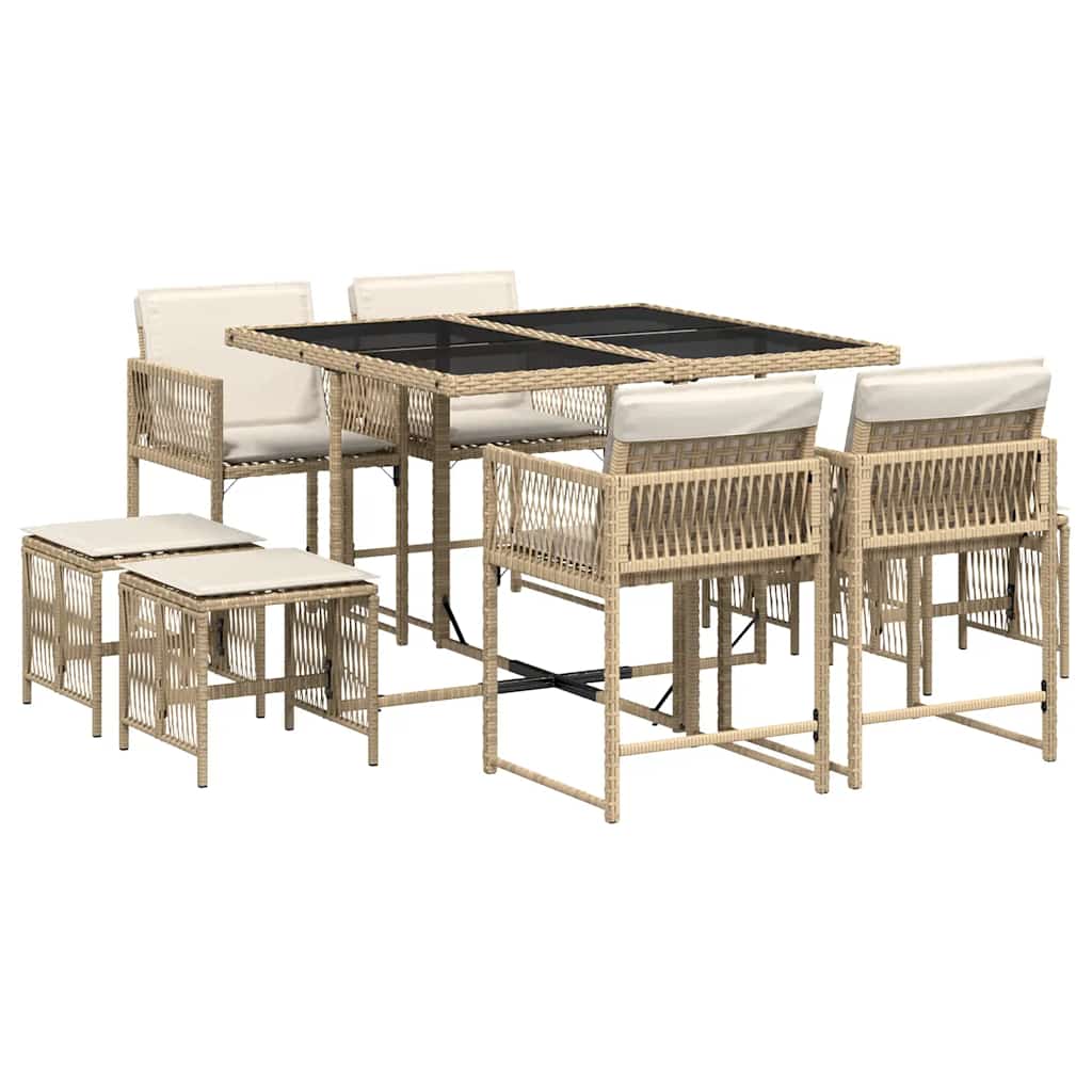 9 Piece Garden Dining Set with Cushions Beige Poly Rattan