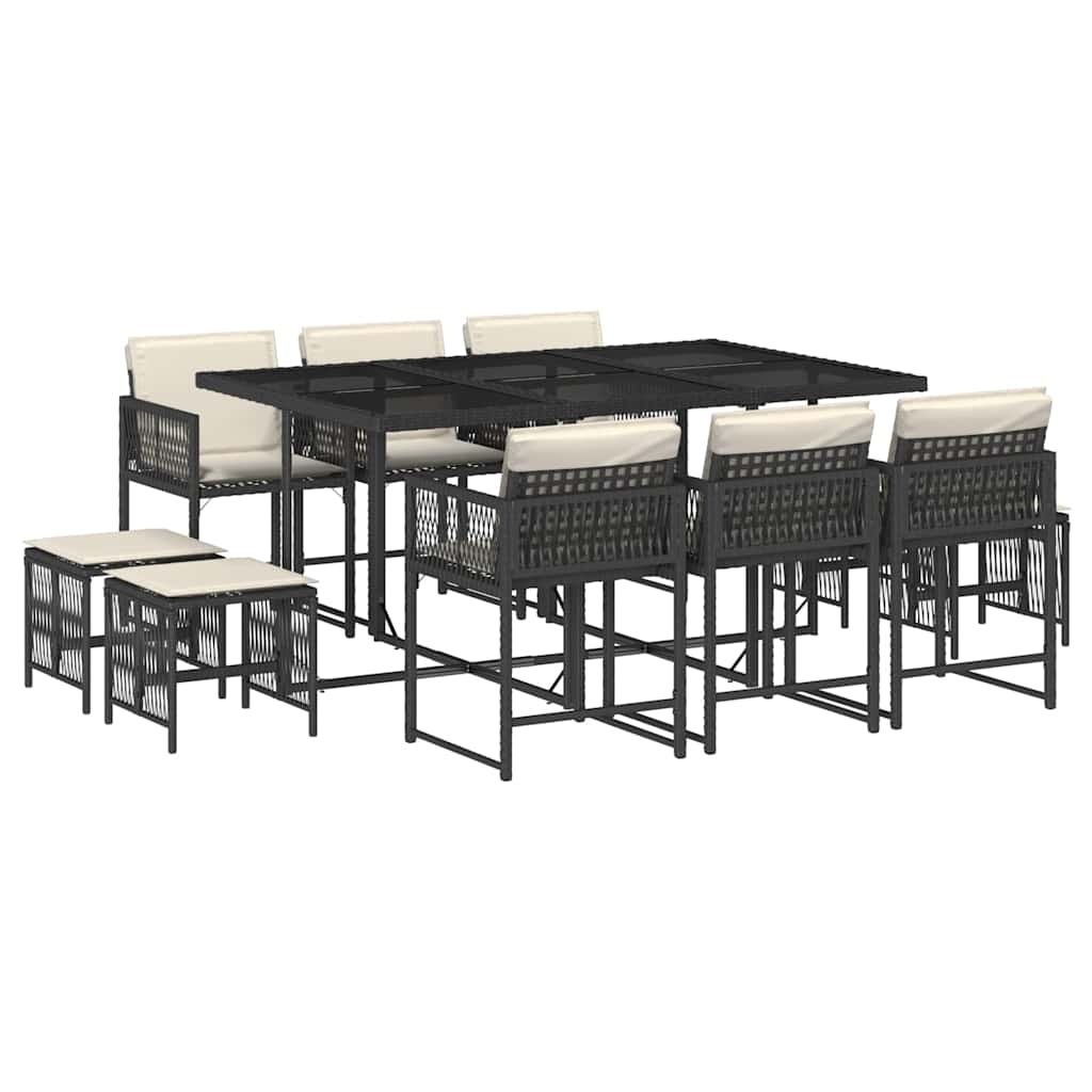 11 Piece Garden Dining Set with Cushions Black Poly Rattan