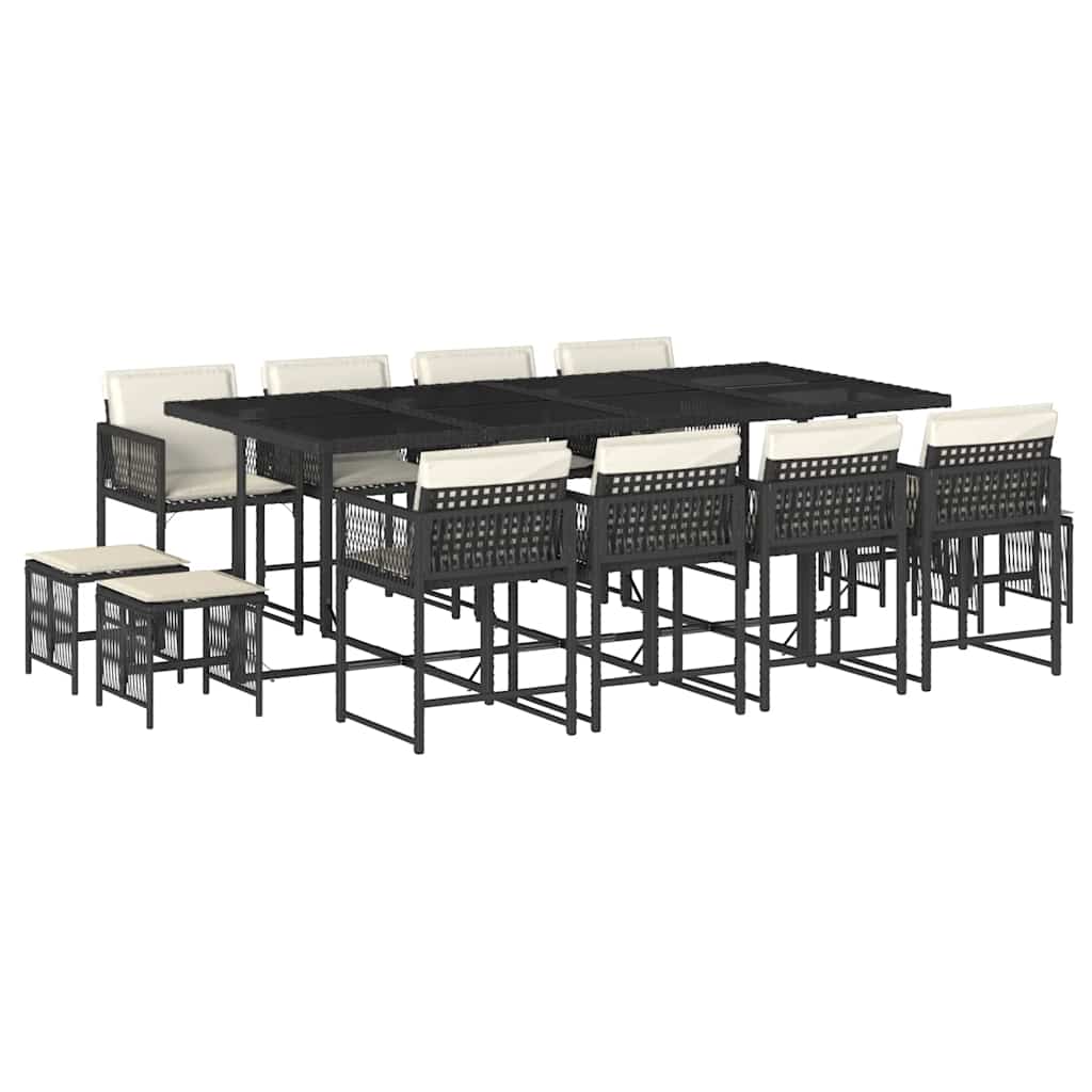 13 Piece Garden Dining Set with Cushions Black Poly Rattan