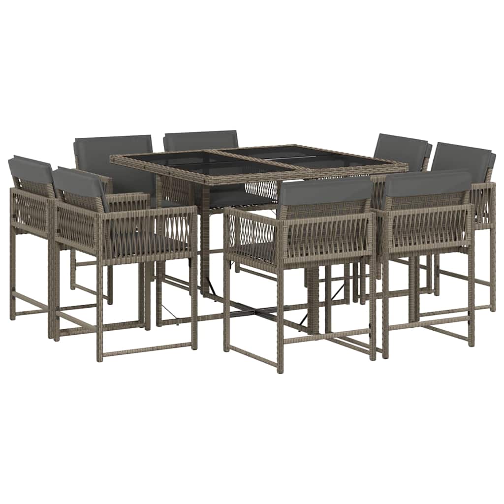 9 Piece Garden Dining Set with Cushions Grey Poly Rattan