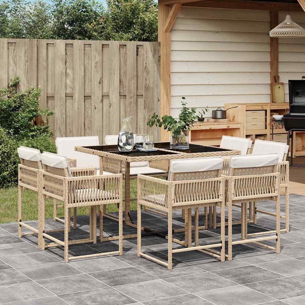 9 Piece Garden Dining Set with Cushions Beige Poly Rattan