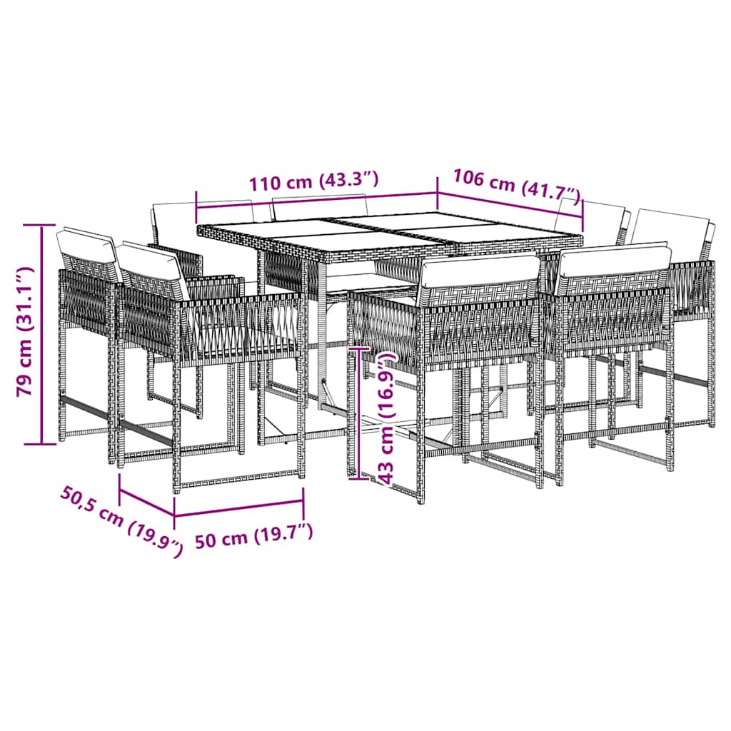 9 Piece Garden Dining Set with Cushions Black Poly Rattan