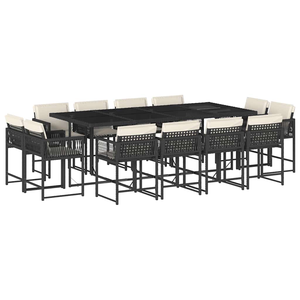 13 Piece Garden Dining Set with Cushions Black Poly Rattan