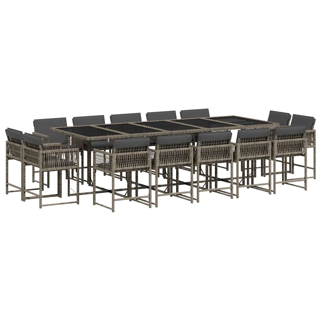 15 Piece Garden Dining Set with Cushions Grey Poly Rattan