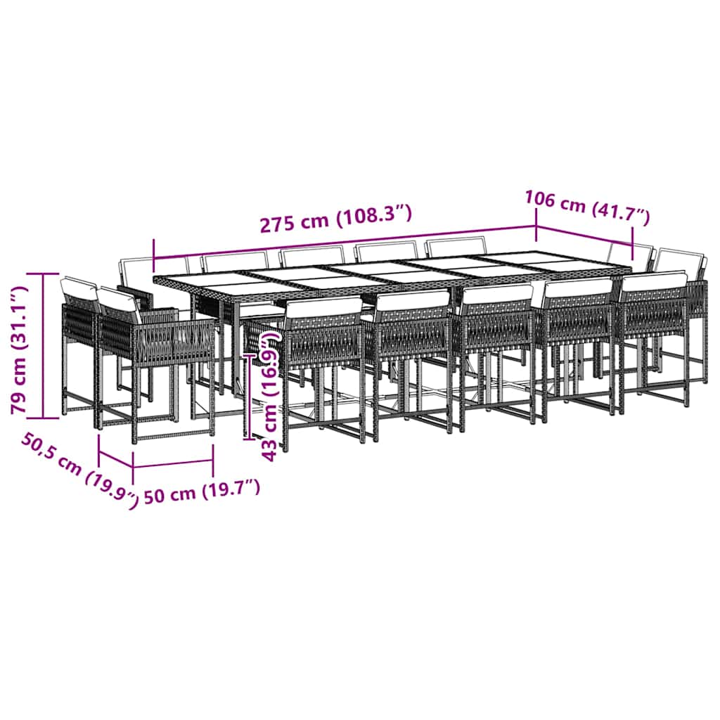 15 Piece Garden Dining Set with Cushions Black Poly Rattan