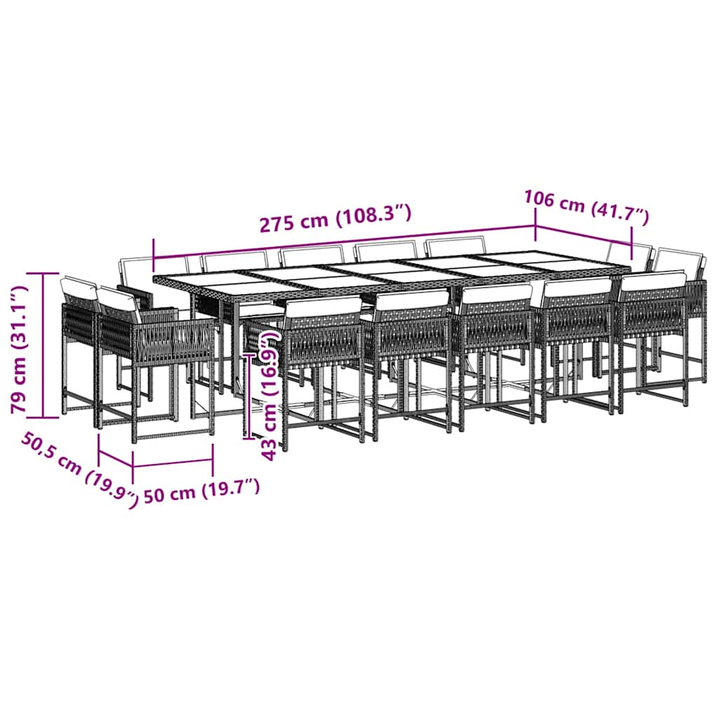 15 Piece Garden Dining Set with Cushions Black Poly Rattan