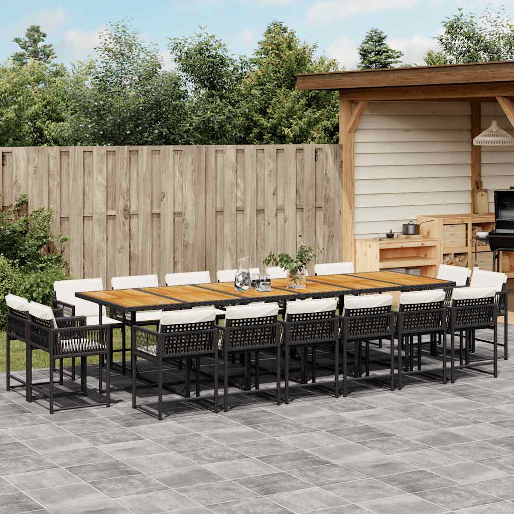 17 Piece Garden Dining Set with Cushions Black Poly Rattan