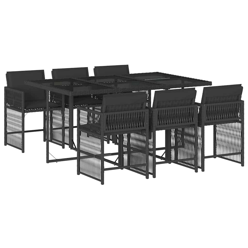 7 Piece Garden Dining Set with Cushions Black Poly Rattan