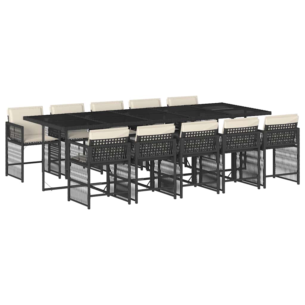 11 Piece Garden Dining Set with Cushions Black Poly Rattan