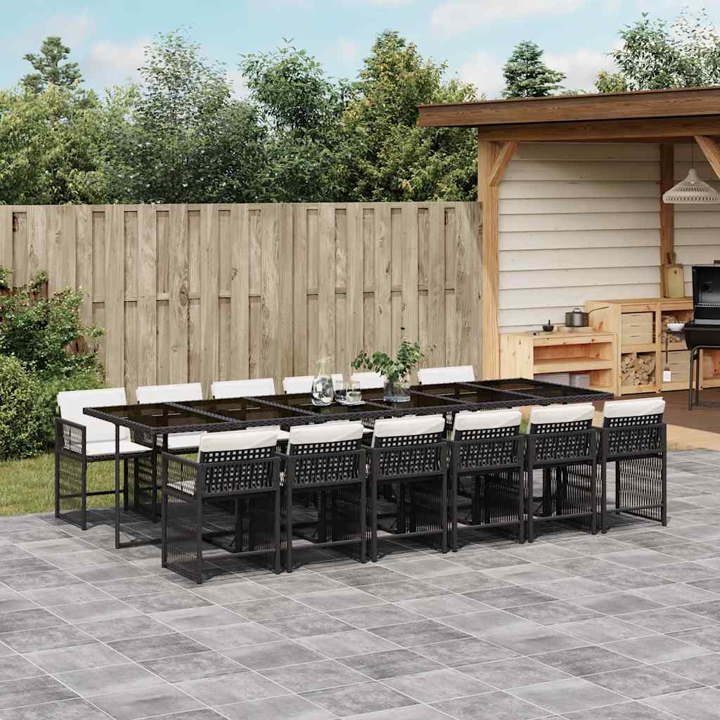 13 Piece Garden Dining Set with Cushions Black Poly Rattan